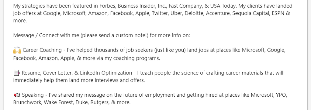 example of special formatting for linkedin summary section