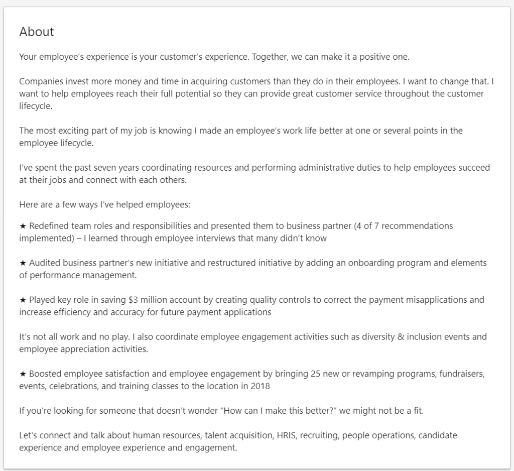 linkedin summary example showing passion and good formatting