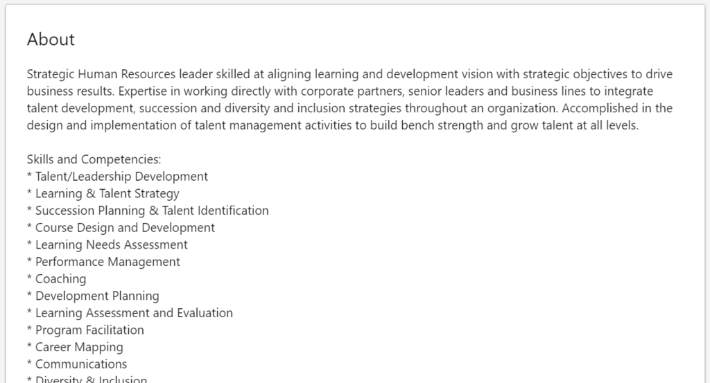 example of a linkedin summary with good formatting and keywords